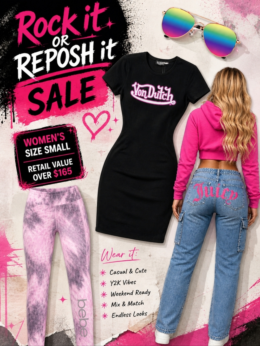 LOT 🥳 JUICY COUTURE Cargo Jeans + BEBE Leggings + VON DUTCH Dress + 🕶 BUNDLE